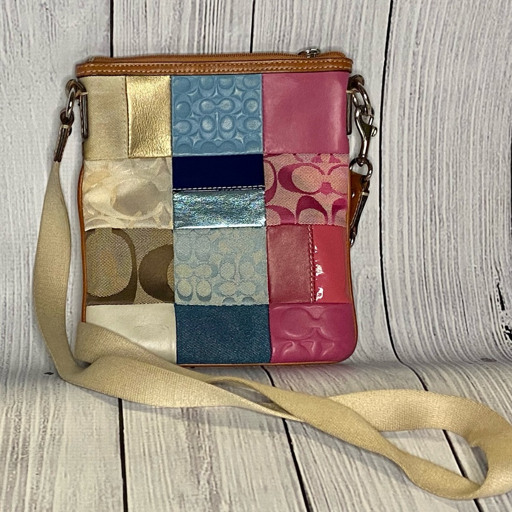 Coach Patchwork Crossbody Bag/ with Brown Leather trim, Navy fabric interior - Picture 2 of 3